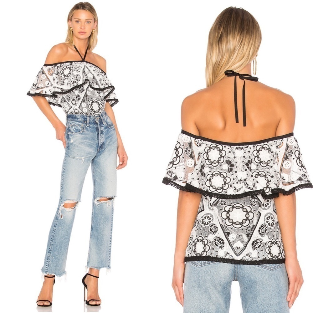 NEW Alexis Isa Black White Lace Off Shoulder Top